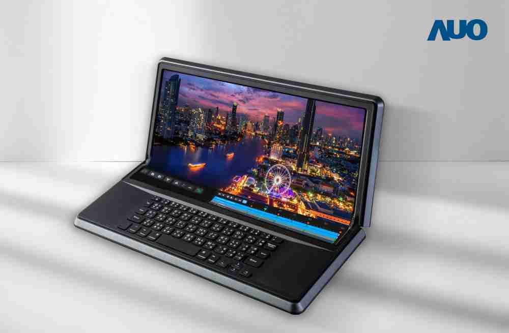 传奇国际14.6吋Micro LED折迭显示屏幕，，，，搭配半径4mm的弯折绞炼，，，以及高画素、、、、高亮度、、高对比度的显示技术特点，，即便在大视角下仍保有绝佳色相与亮度